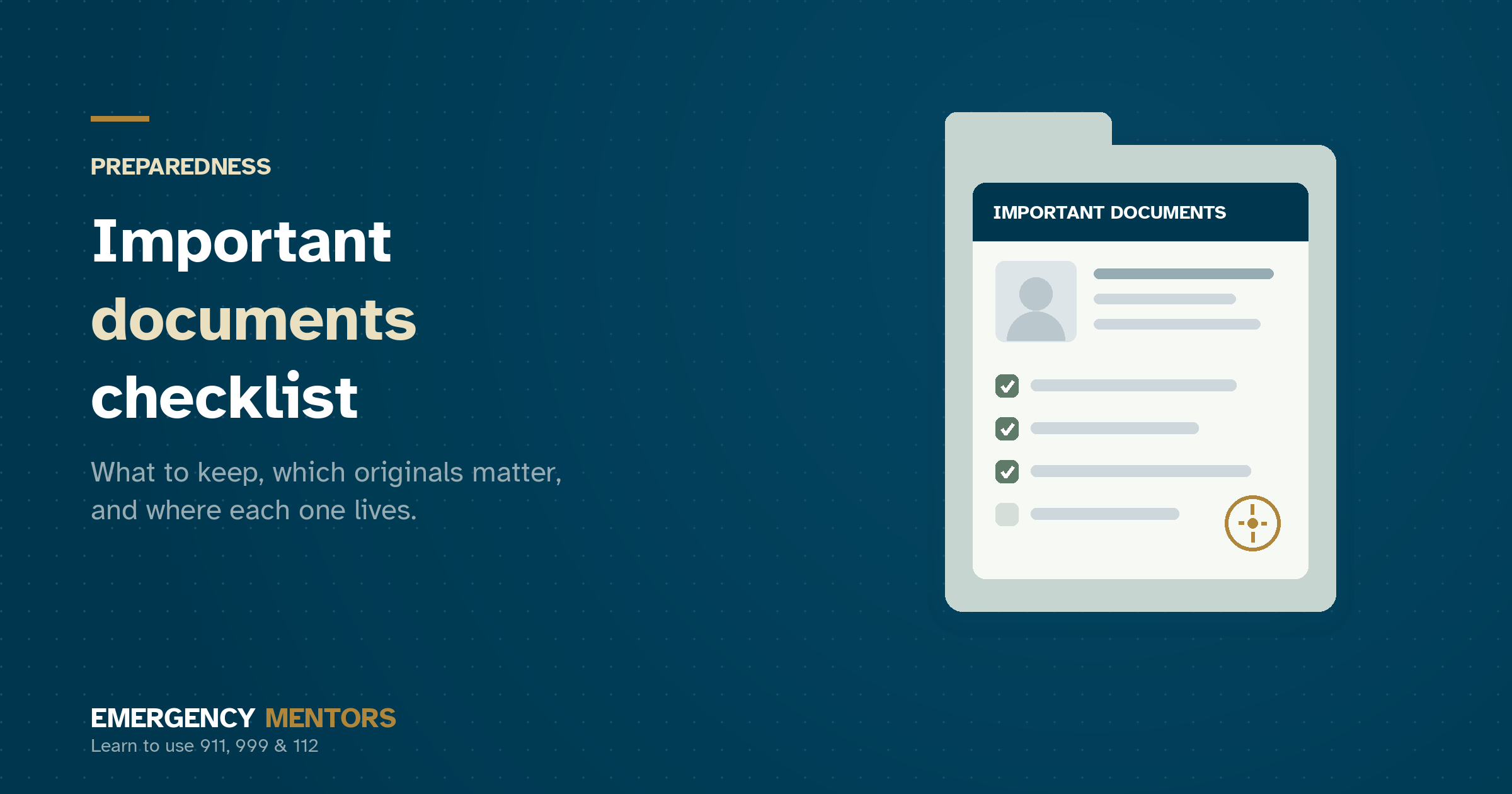 An important documents checklist in a folder, with a column for where each document is kept